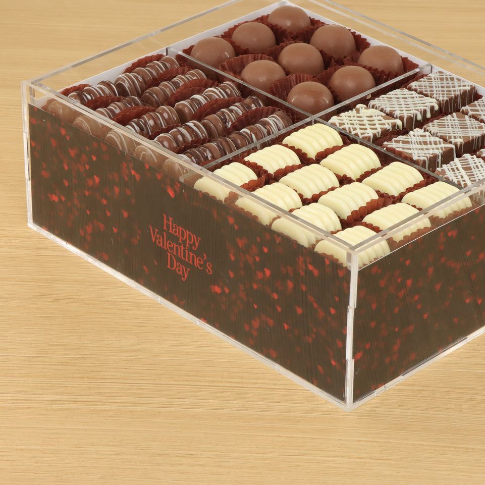 Happy Valentine's Day shimmering red hearts design premium chocolate gift acrylic box