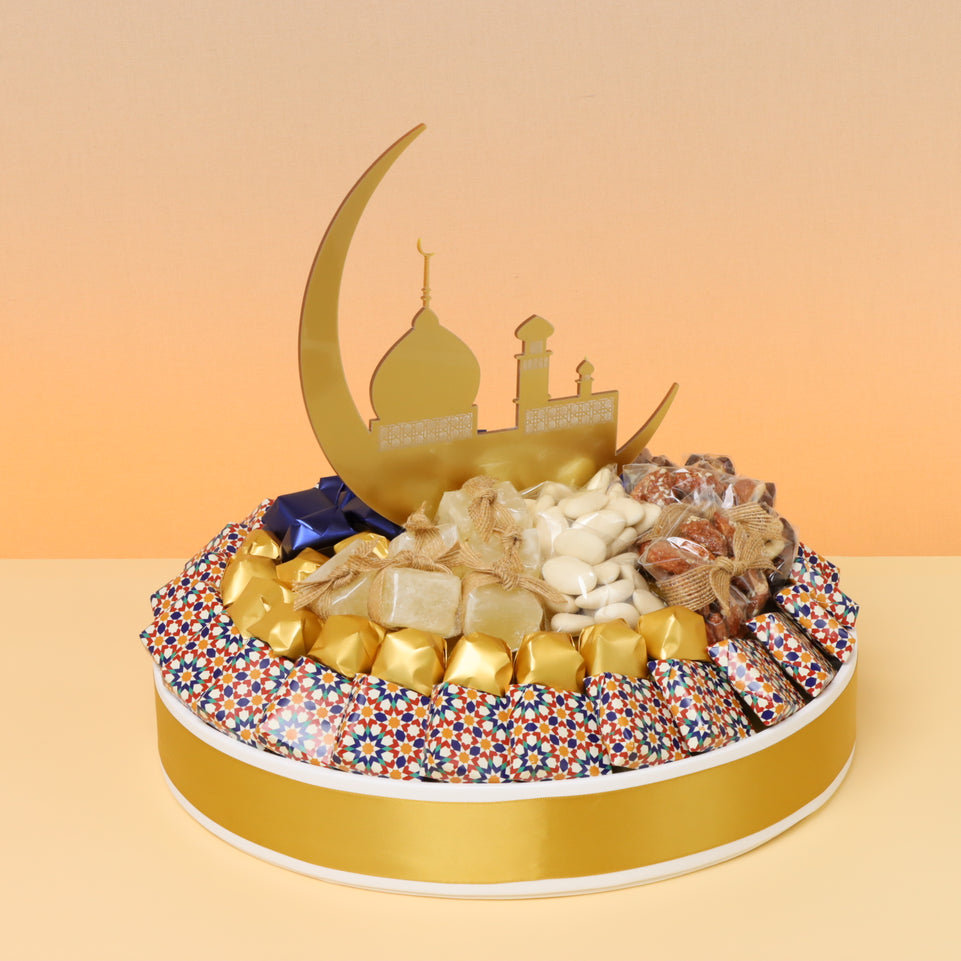 Ramadan eid decorated chocolate & sweets round leather tray