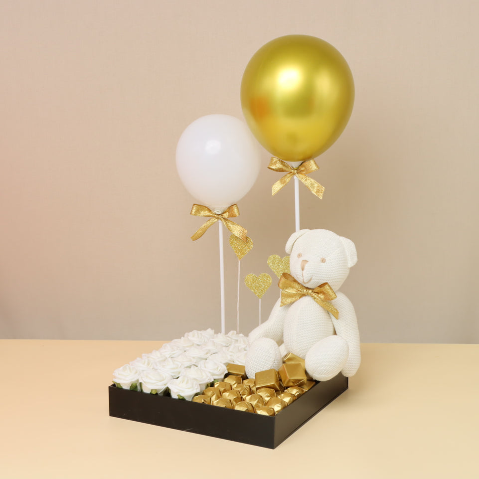 Valentine's decorated flowers , balloons, teddy bear and chocolates acrylic tray