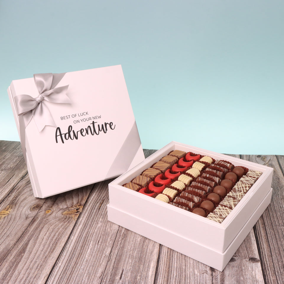 Good luck on your new adventure designed premium chocolate one layer hard box