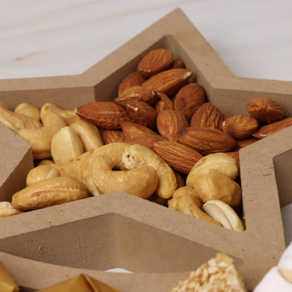 Ramadan Kareem premium chocolate , sweets, nuts crescent wooden tray