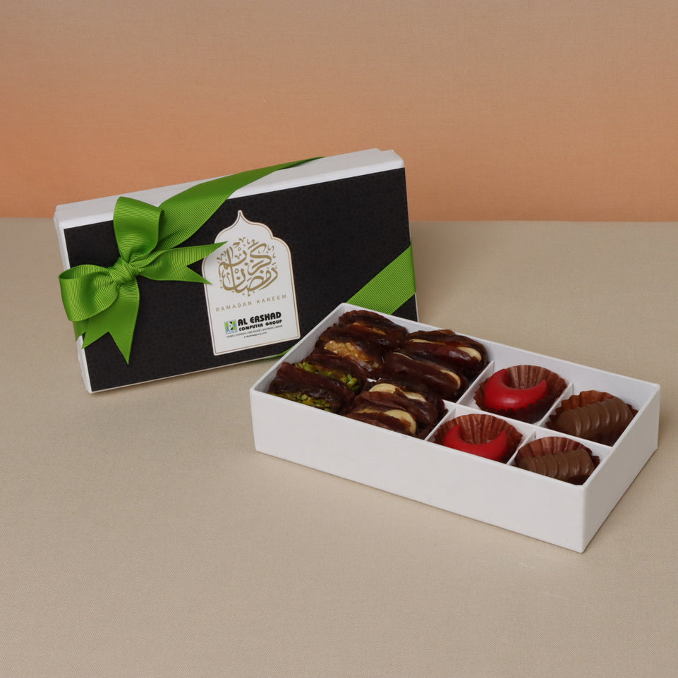 Corporate ramadan kareem customized chocolate & dates 8 pc hard box giveaway