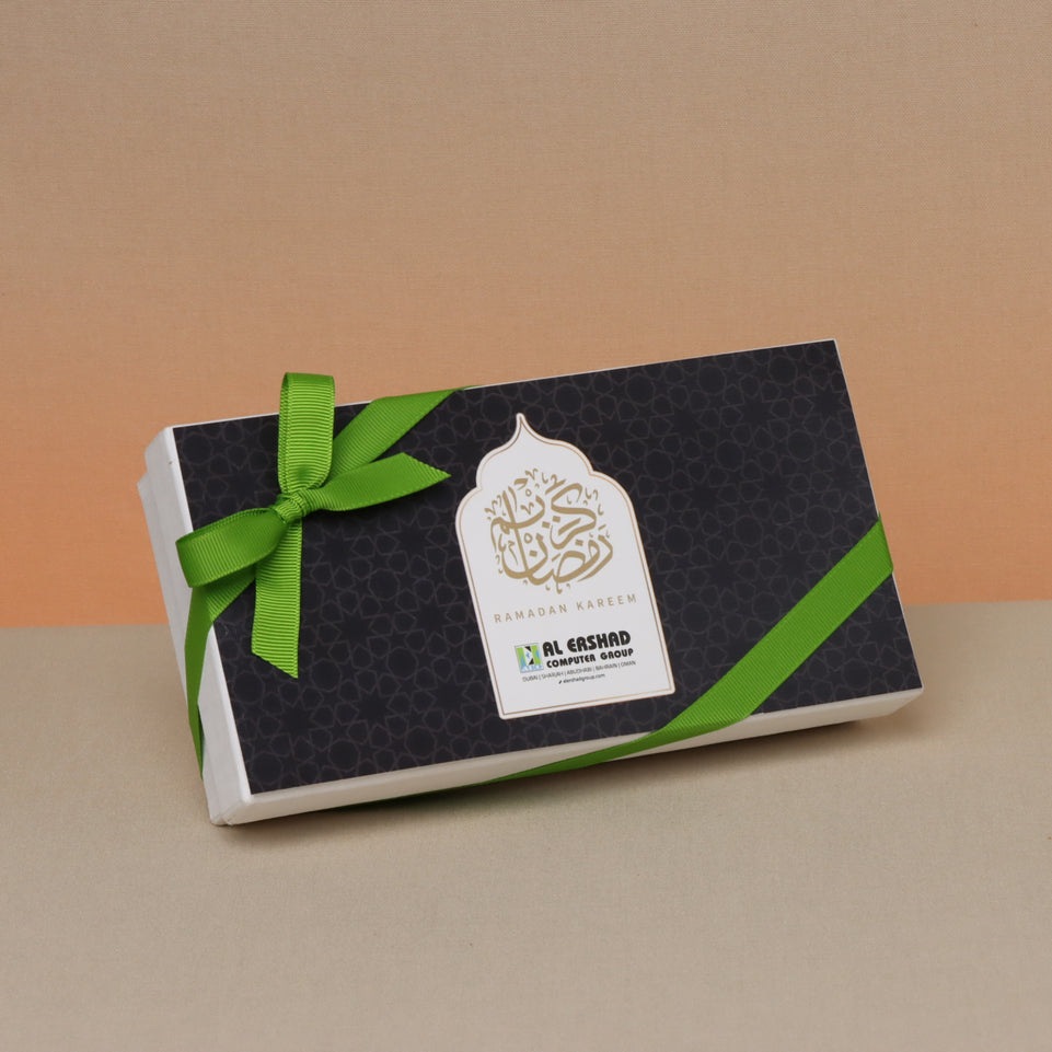 Corporate ramadan kareem customized chocolate & dates 8 pc hard box giveaway