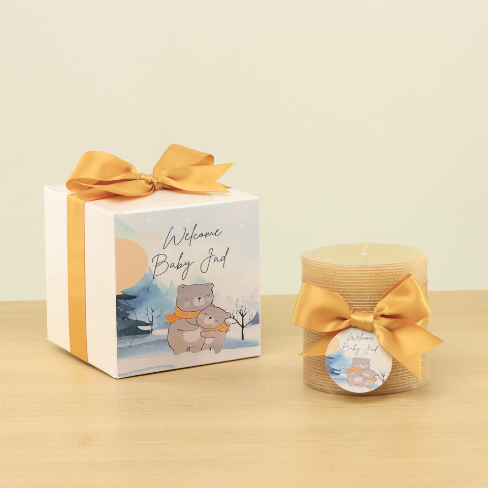 Baby personalized teddy theme decorated candle soft box giveaway