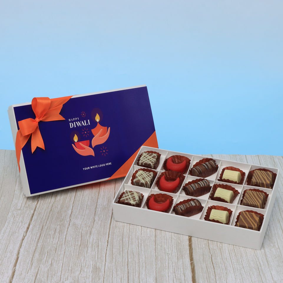 Set of 4 corporate customized happy diwali holding hands candle designed premium chocolate 15p hard box