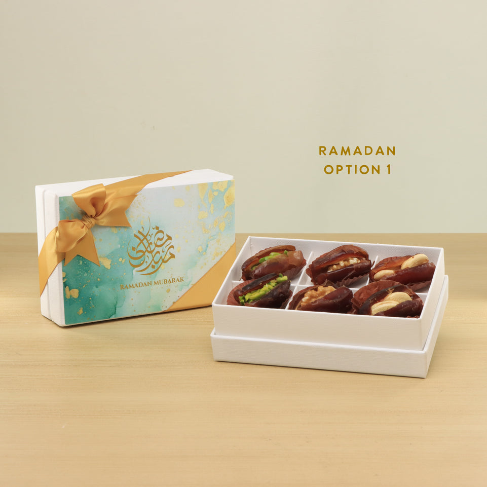 Set of 8 Ramadan Eid Mubarak designed premium nut stuffed dates 6P hard box giveaway