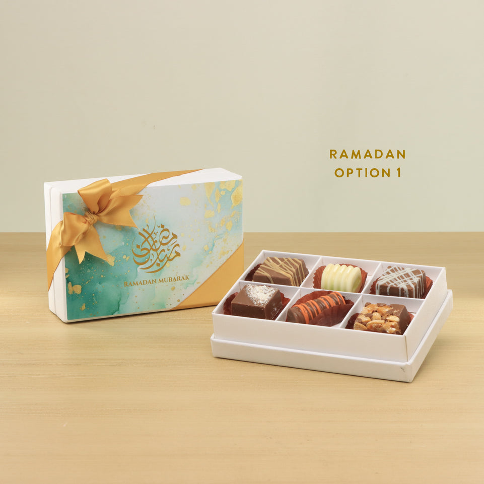 Set of 8 Ramadan Eid Mubarak designed premium chocolate 6P hard box giveaway