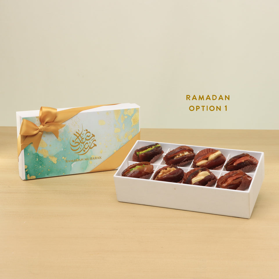 Set of 6 Ramadan Eid Mubarak designed premium nut stuffed 8P hard box giveaway