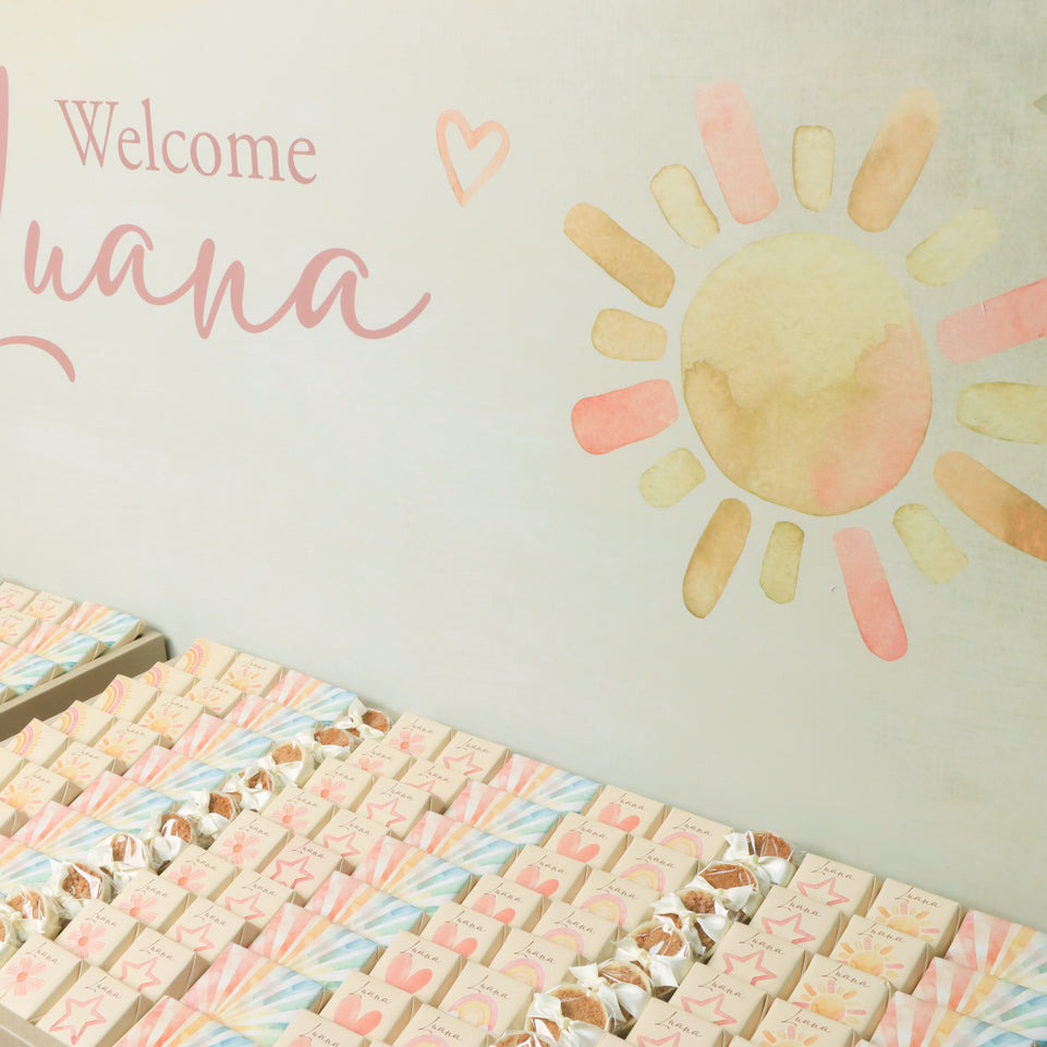 Custom Baby Girl Sunshine-themed Chocolate Display with Personalized Name & Decorations (Table Excluded)