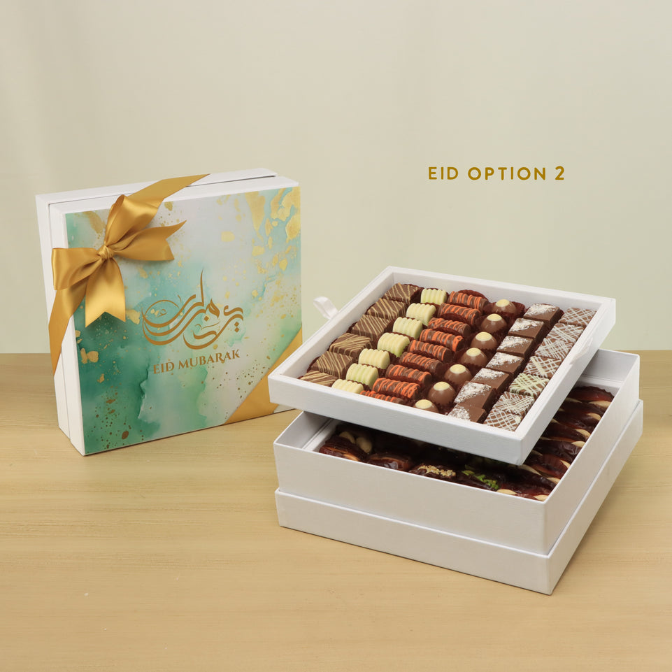 Ramadan Eid Mubarak designed premium chocolate & dates 2-layer hard box