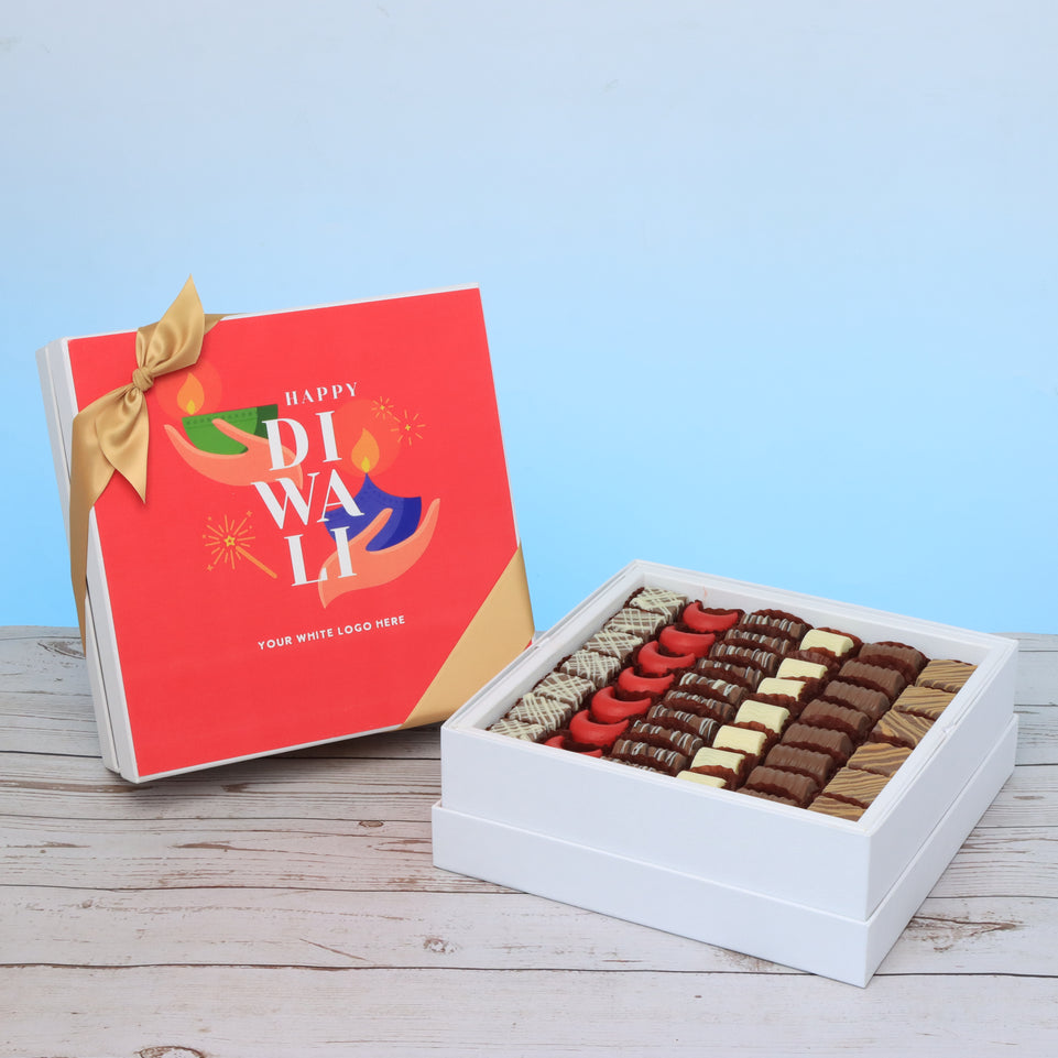 Set of 2 corporate customized happy diwali holding hands candle designed premium chocolate hard box