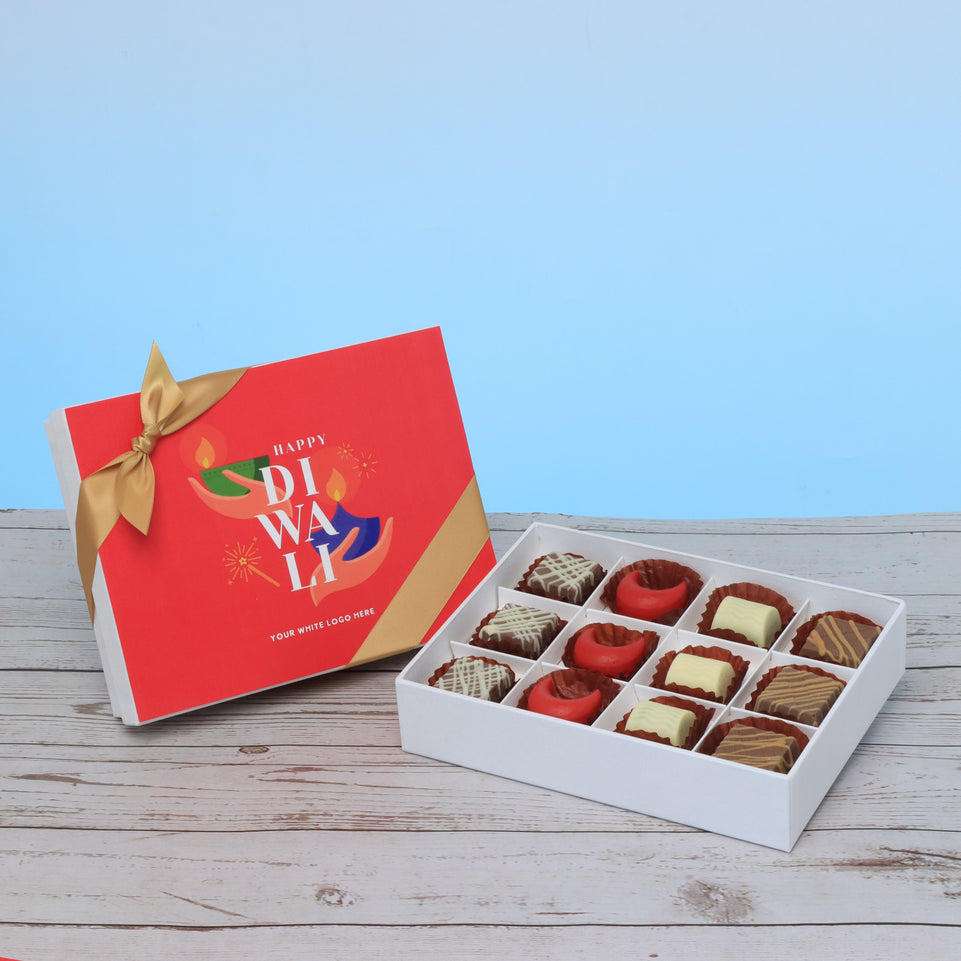 Set of 5 corporate customized happy diwali holding hands candle designed premium chocolate 12p hard box