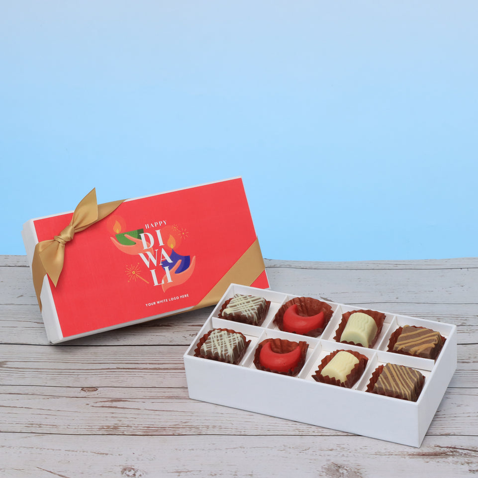 Set of 6 corporate customized happy diwali holding hands candle designed premium chocolate 8p hard box