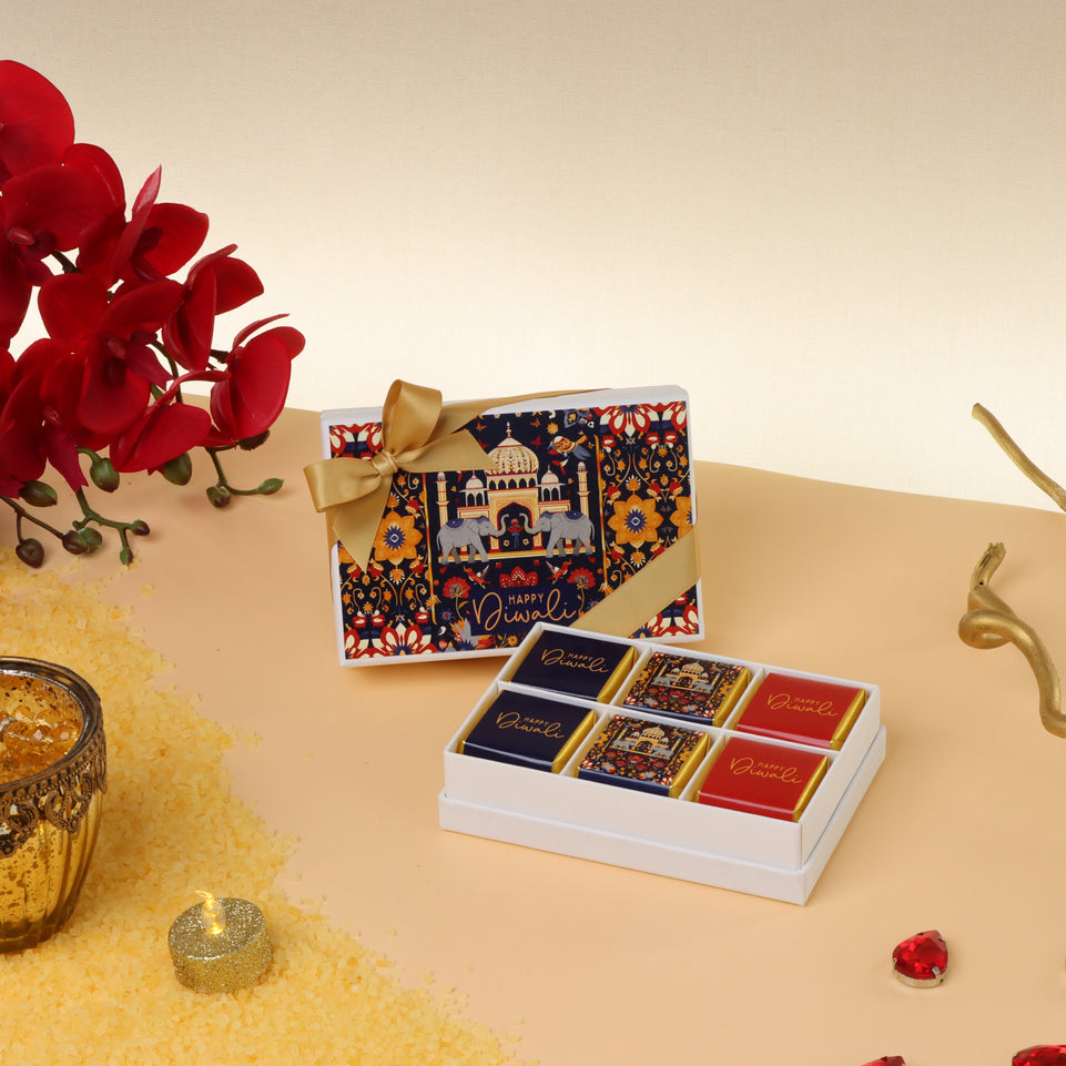 Set of 8 Happy Diwali majestic designed 6-piece chocolate hard box giveaway