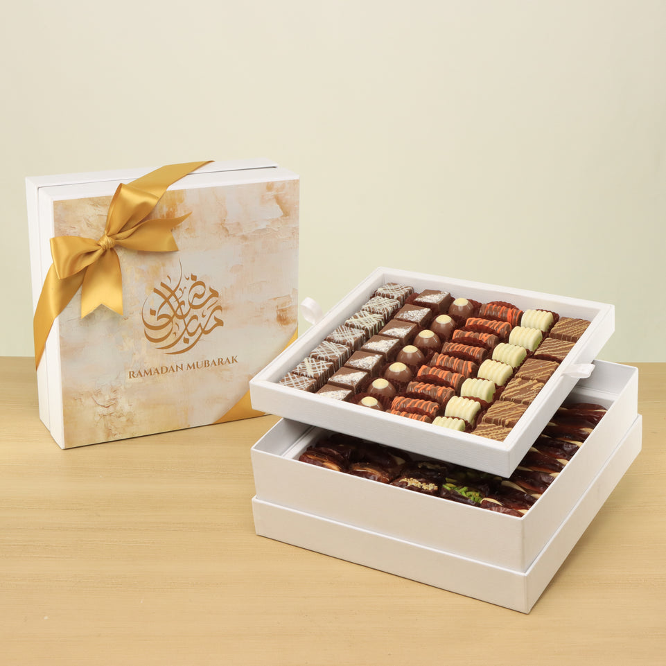 Ramadan Mubarak designed premium chocolate & dates 2-layer hard box