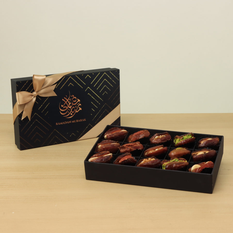 Ramadan Mubarak designed premium nut stuffed dates 15P black hard box