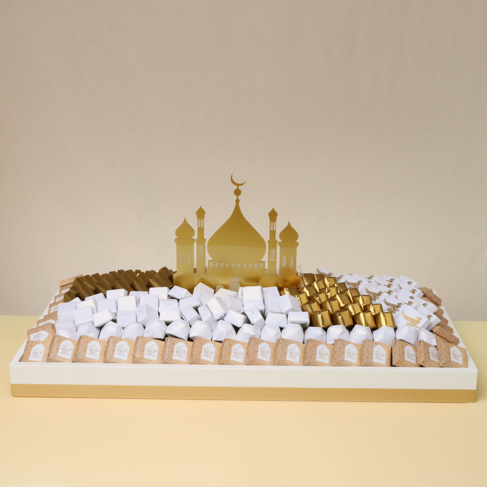 Eid Mubarak Designed acrylic mosques decorated chocolate large leather tray