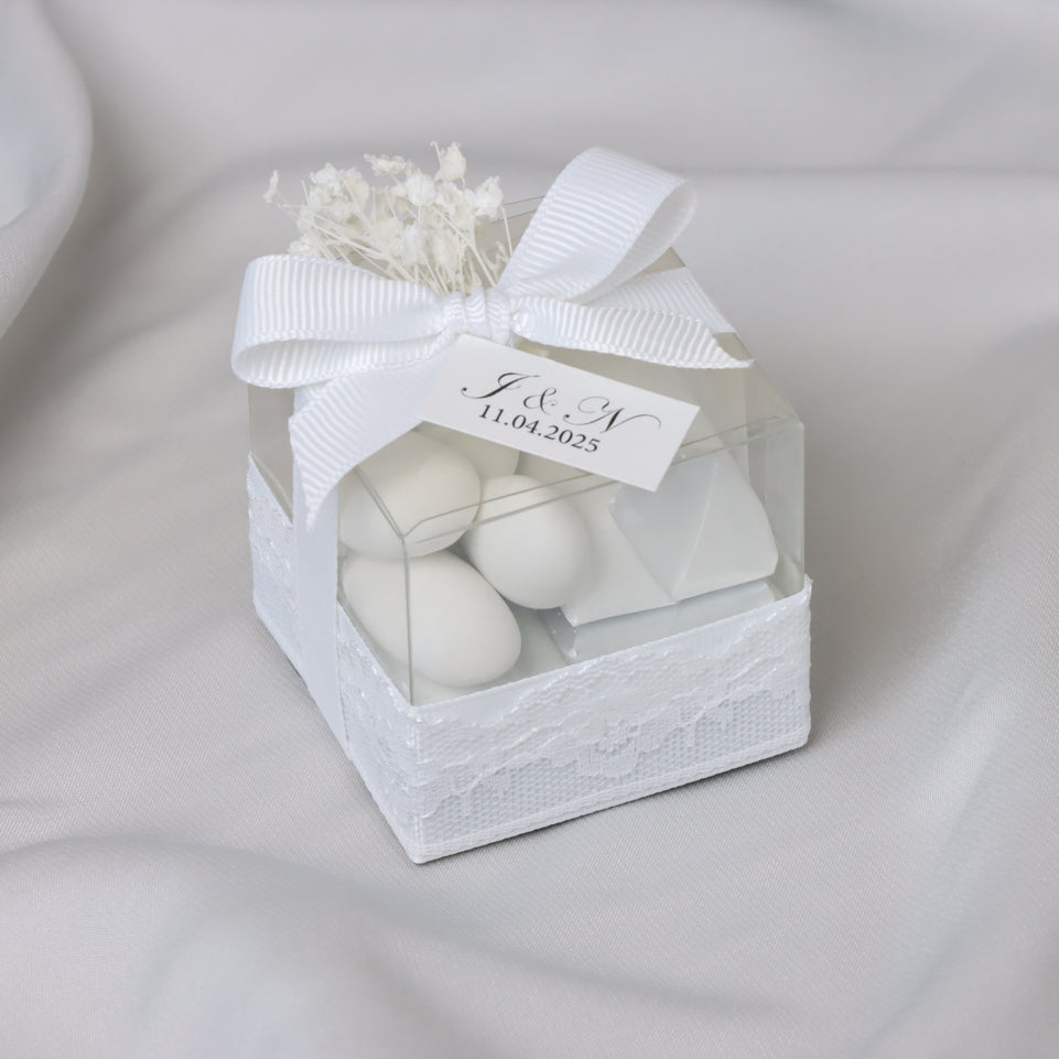 Set of 20 boxes bridal customized chocolate & almond dragees clear box giveaway