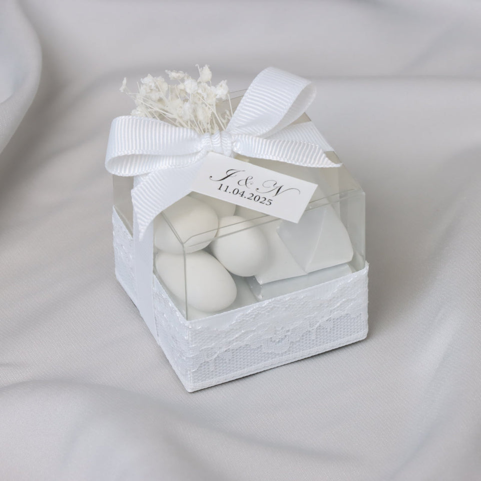Set of 20 boxes bridal customized chocolate & almond dragees clear box giveaway