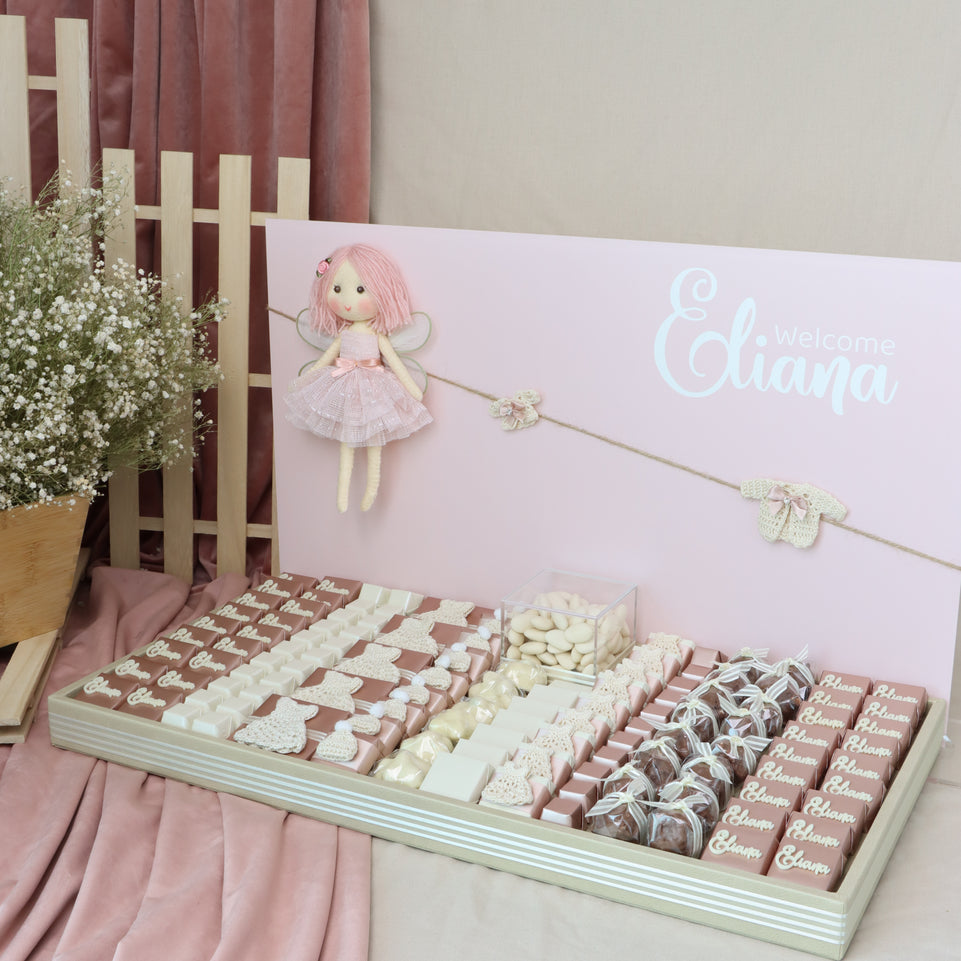 Baby girl crochet decorated chocolate leather tray with personalized acrylic backdrop