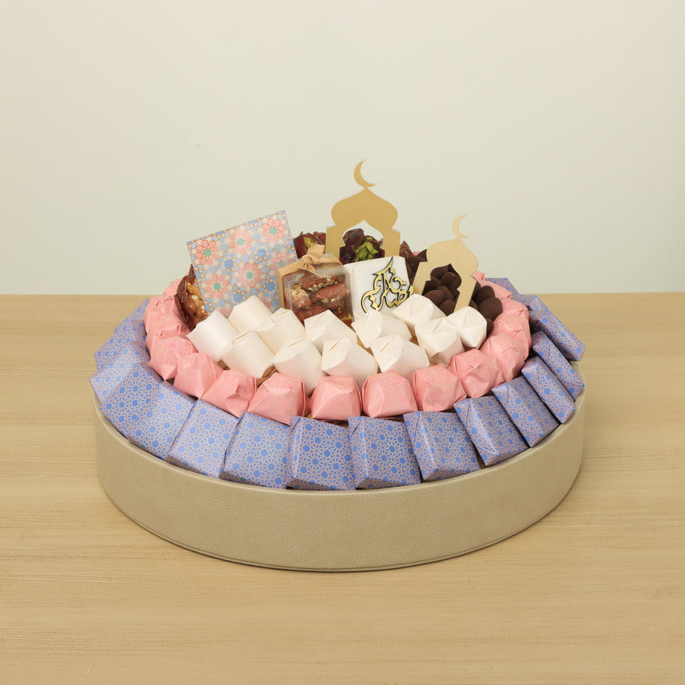 Ramadan Mubarak designed premium chocolate leather round tray