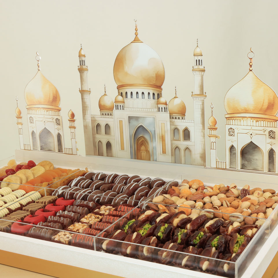 Ramadan Mubarak designed premium chocolate & dried fruits large acrylic leather tray