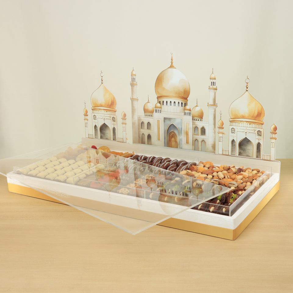 Ramadan Mubarak designed premium chocolate & dried fruits large acrylic leather tray