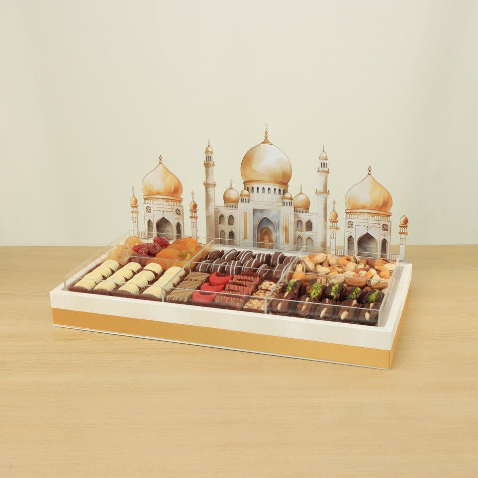 Ramadan Mubarak designed premium chocolate & dates acrylic leather medium tray