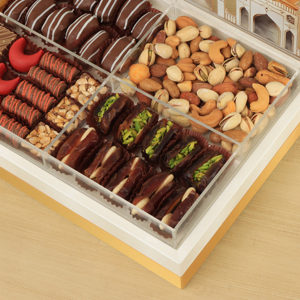 Ramadan Mubarak designed premium chocolate & dates acrylic leather medium tray