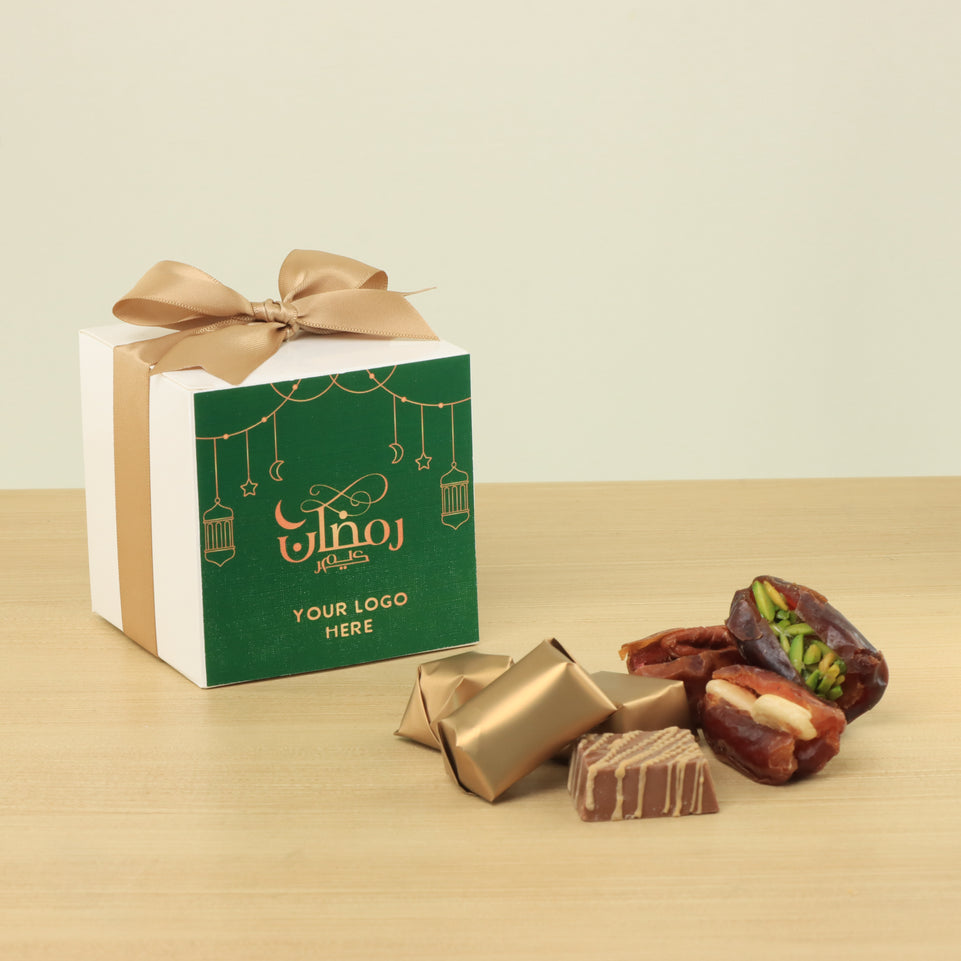 Set of 20 Ramadan Mubarak designed premium chocolate & dates cube soft box