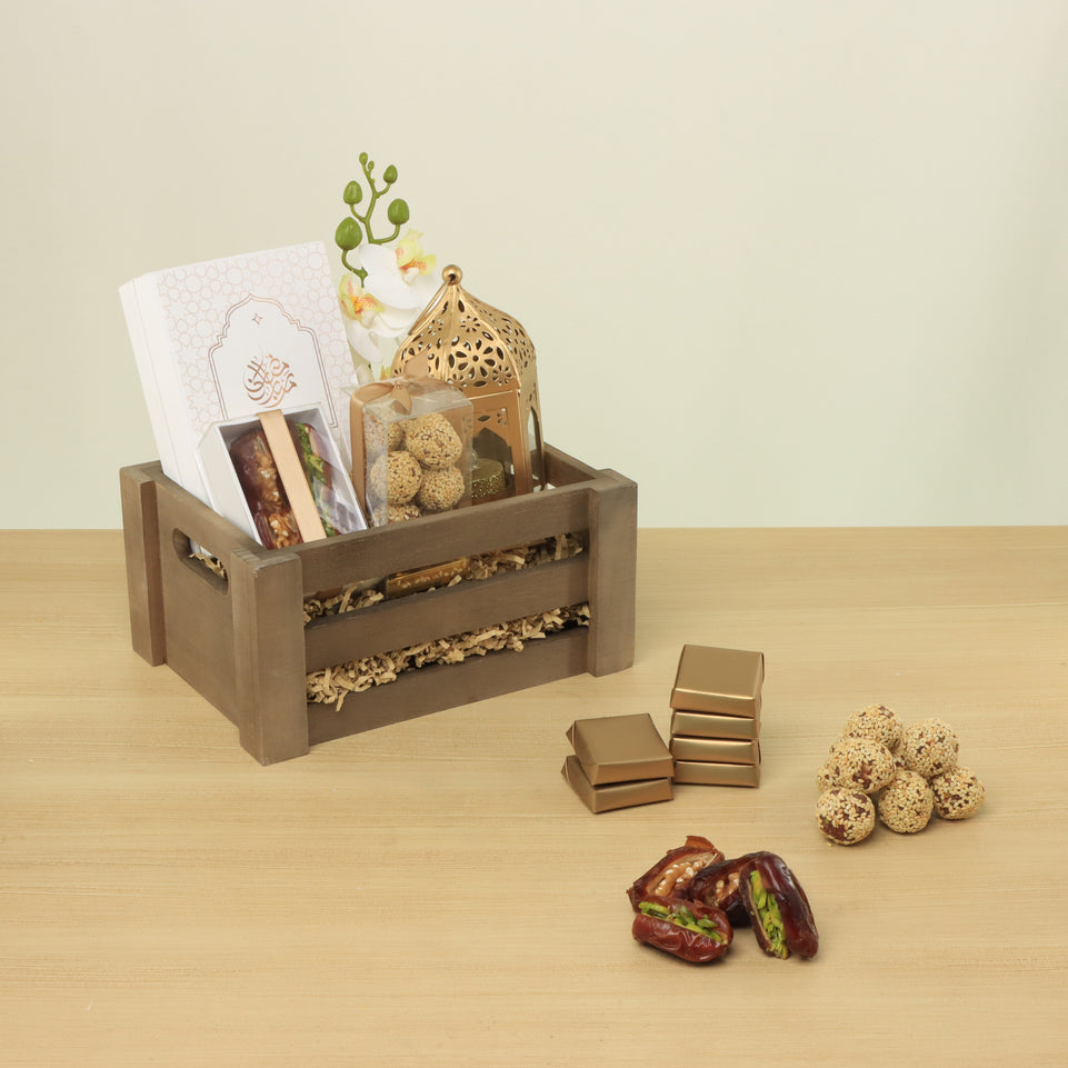 Ramadan Mubarak designed premium chocolate & dates wooden hamper