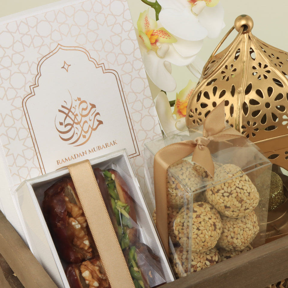 Ramadan Mubarak designed premium chocolate & dates wooden hamper