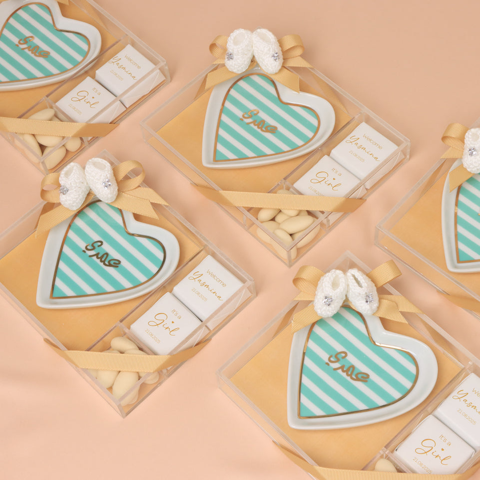 Set of 20 Baby girl personalized plate giveaway with premium chocolate acrylic box