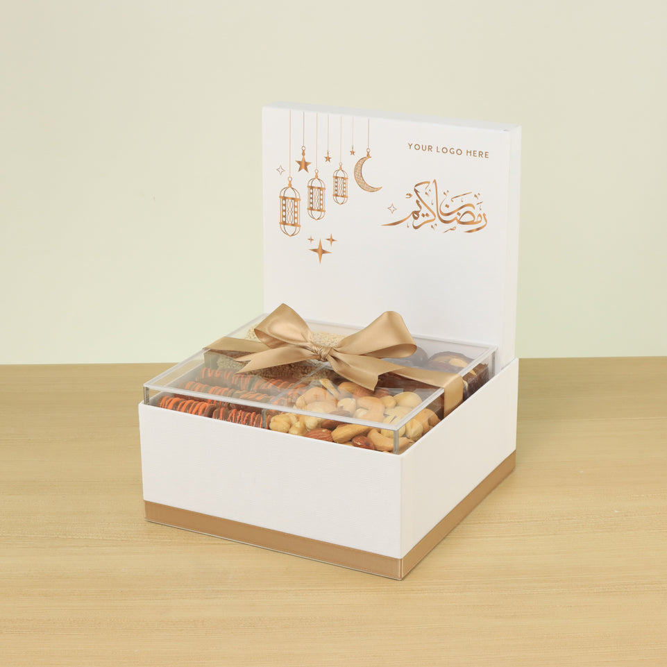 Corporate customized ramadan designed premium chocolate & dates, nuts medium hamper