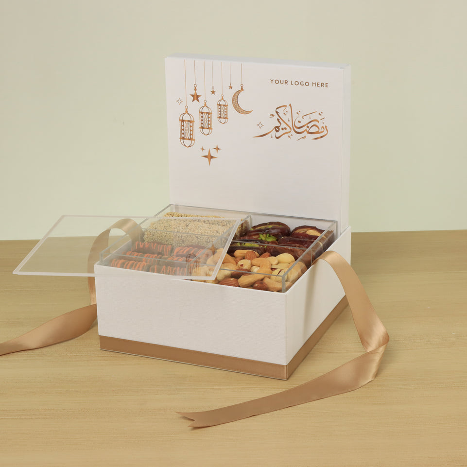 Corporate customized ramadan designed premium chocolate & dates, nuts medium hamper