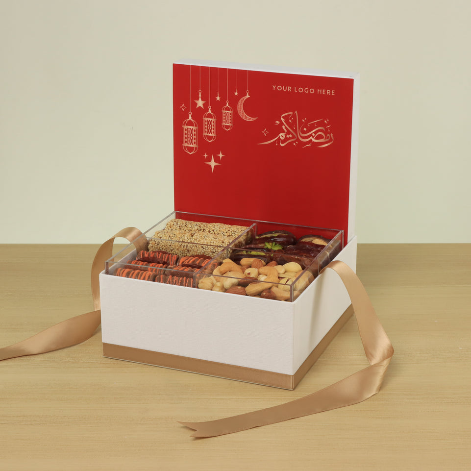 Corporate customized ramadan designed premium chocolate & dates, nuts large hamper
