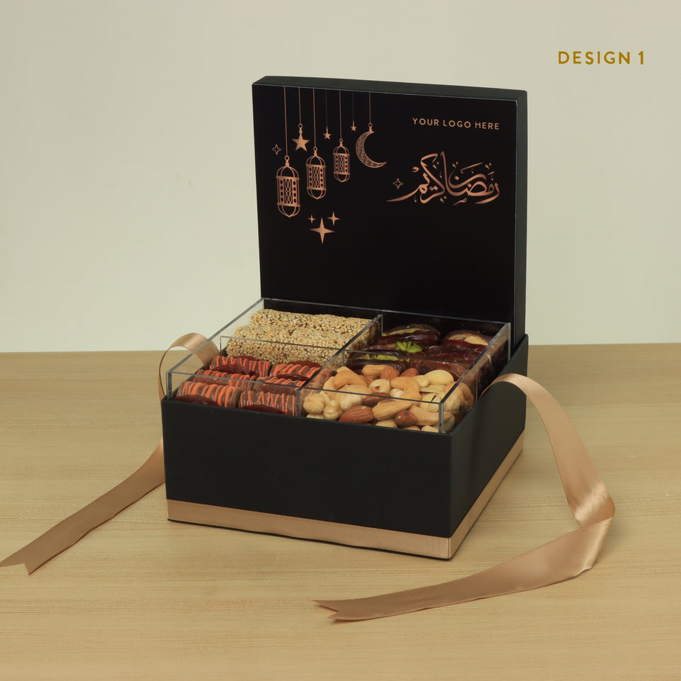Corporate customized ramadan designed premium chocolate & dates, nuts medium hamper