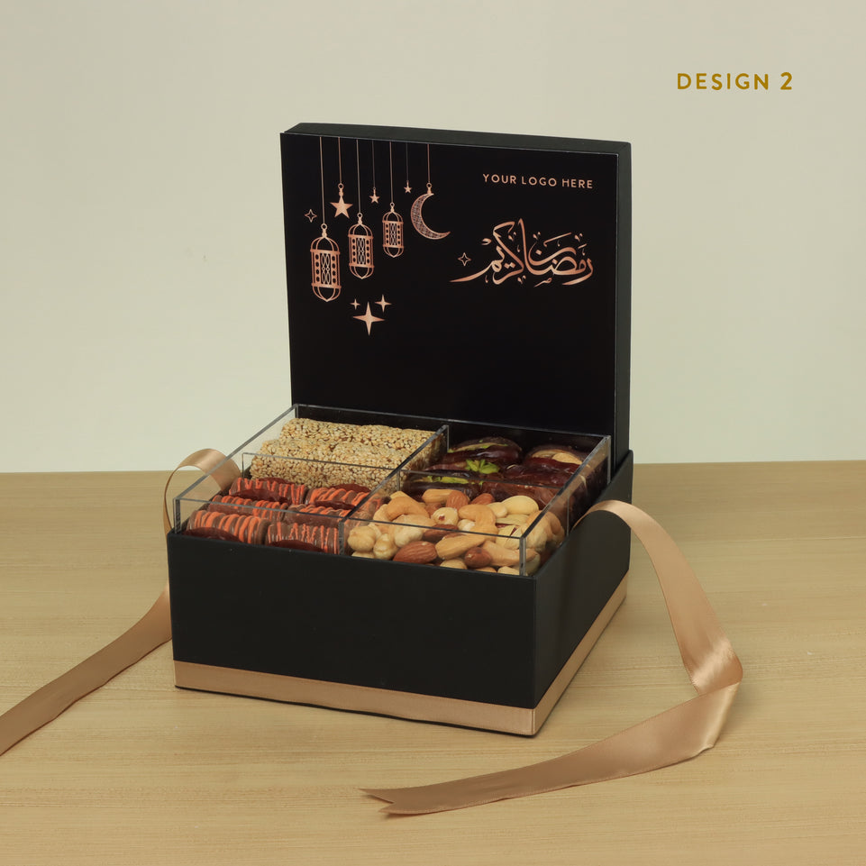 Corporate customized ramadan designed premium chocolate & dates, nuts medium hamper