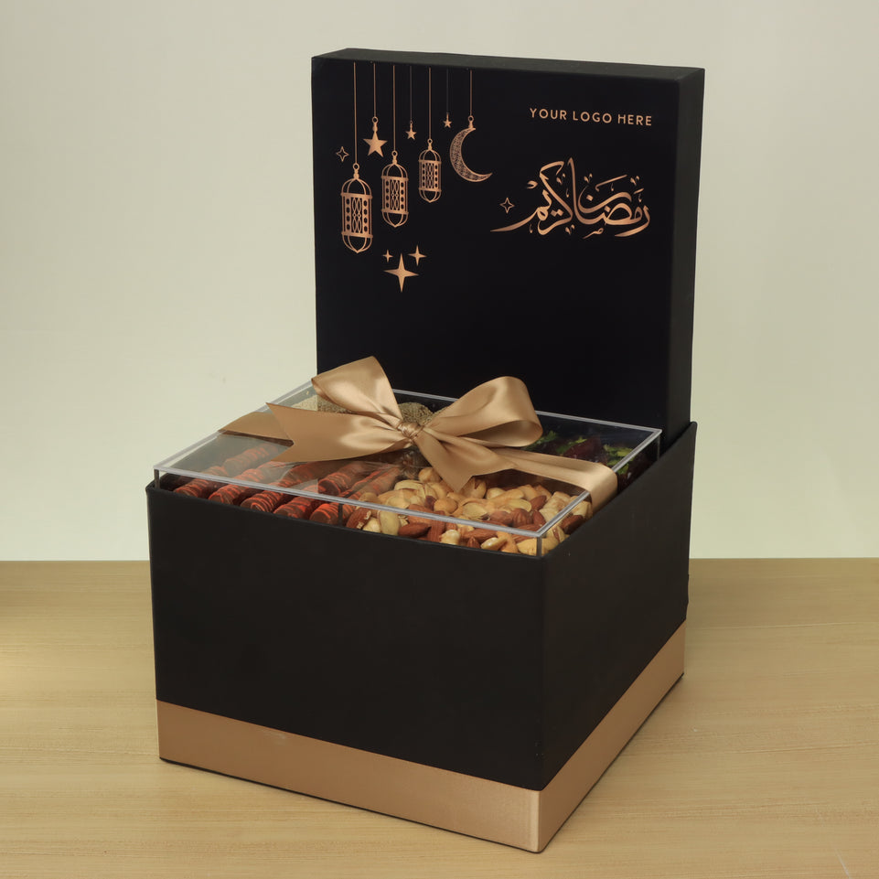 Corporate customized ramadan designed premium chocolate & dates, nuts large hamper