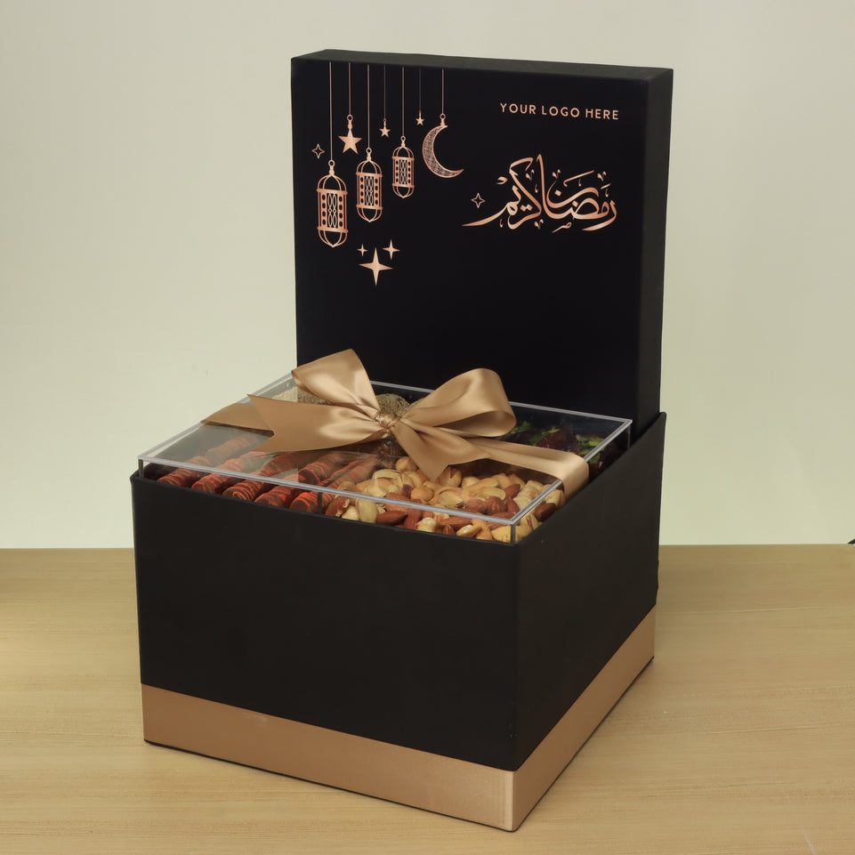 Corporate customized ramadan designed premium chocolate & dates, nuts large hamper