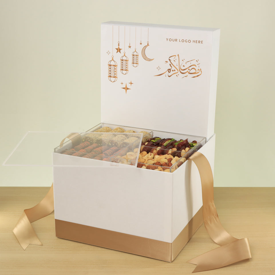 Corporate customized ramadan designed premium chocolate & dates, nuts large hamper
