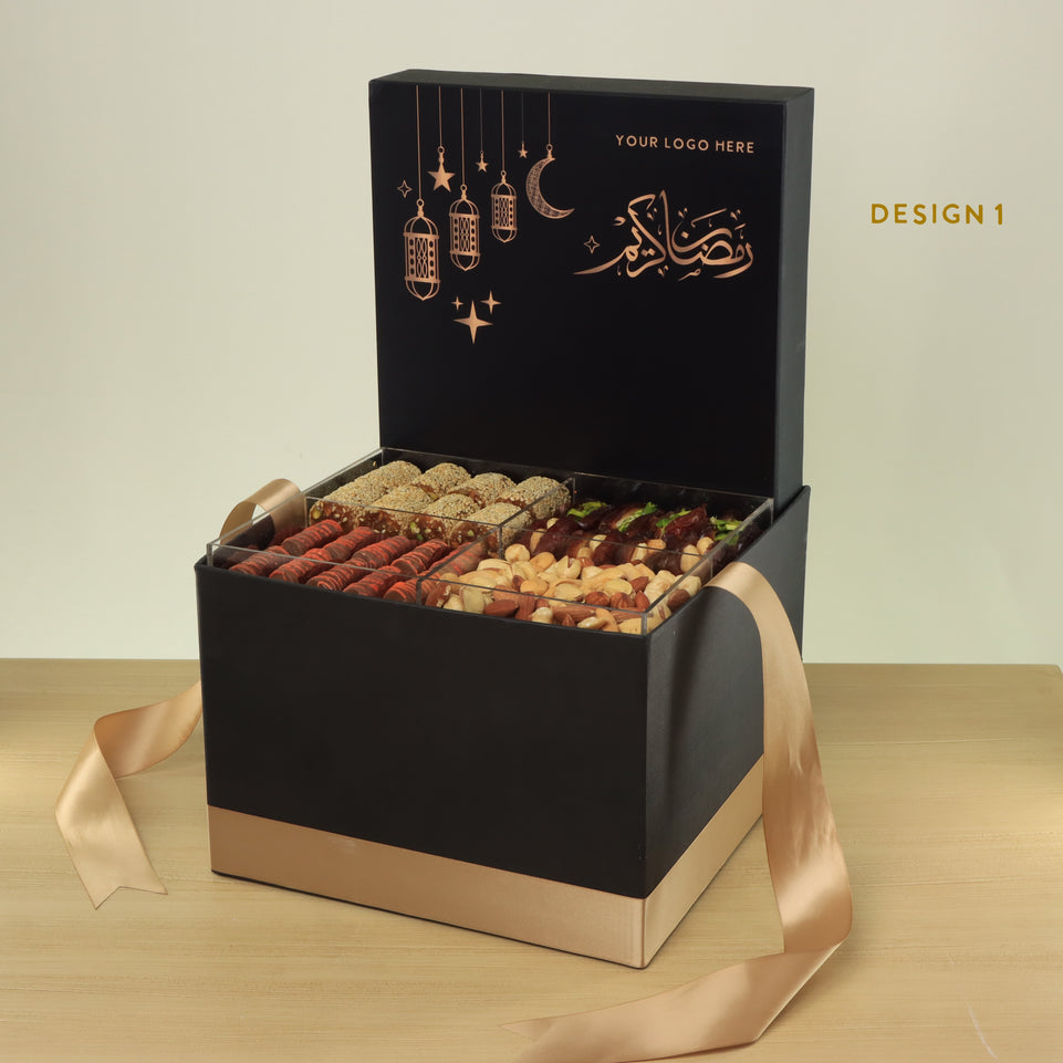 Corporate customized ramadan designed premium chocolate & dates, nuts large hamper