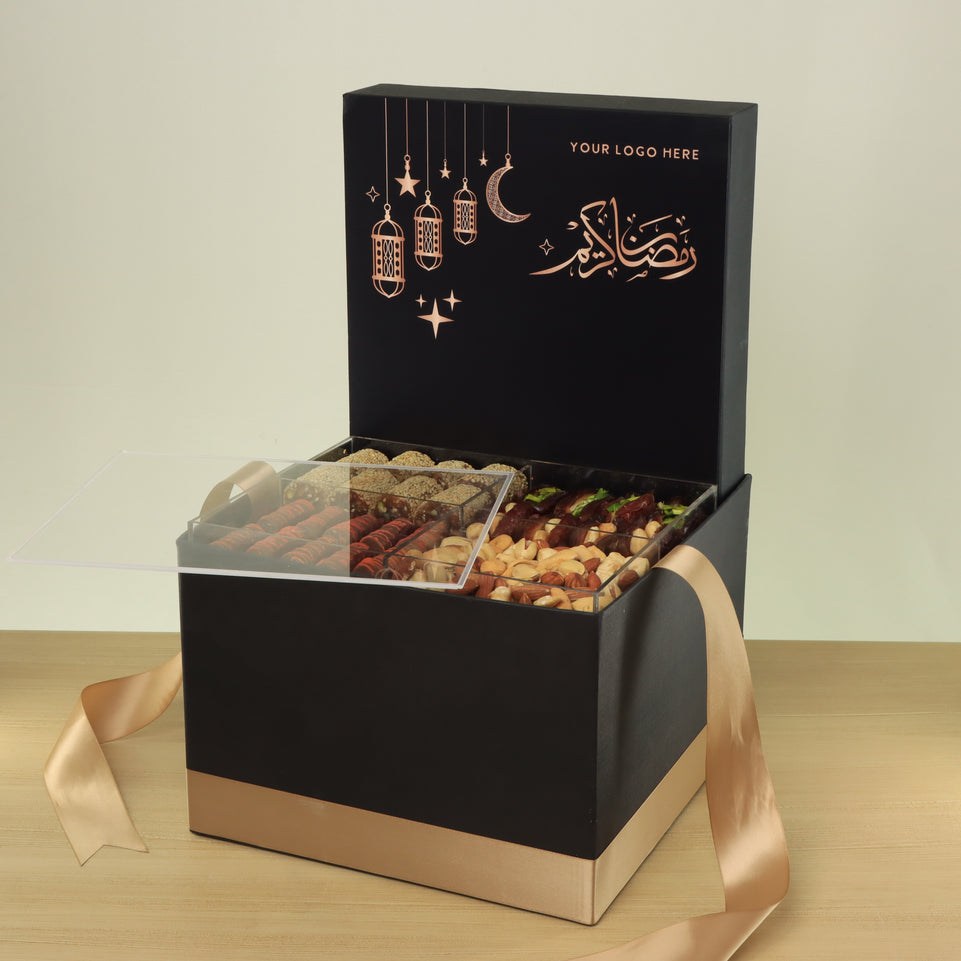 Corporate customized ramadan designed premium chocolate & dates, nuts large hamper