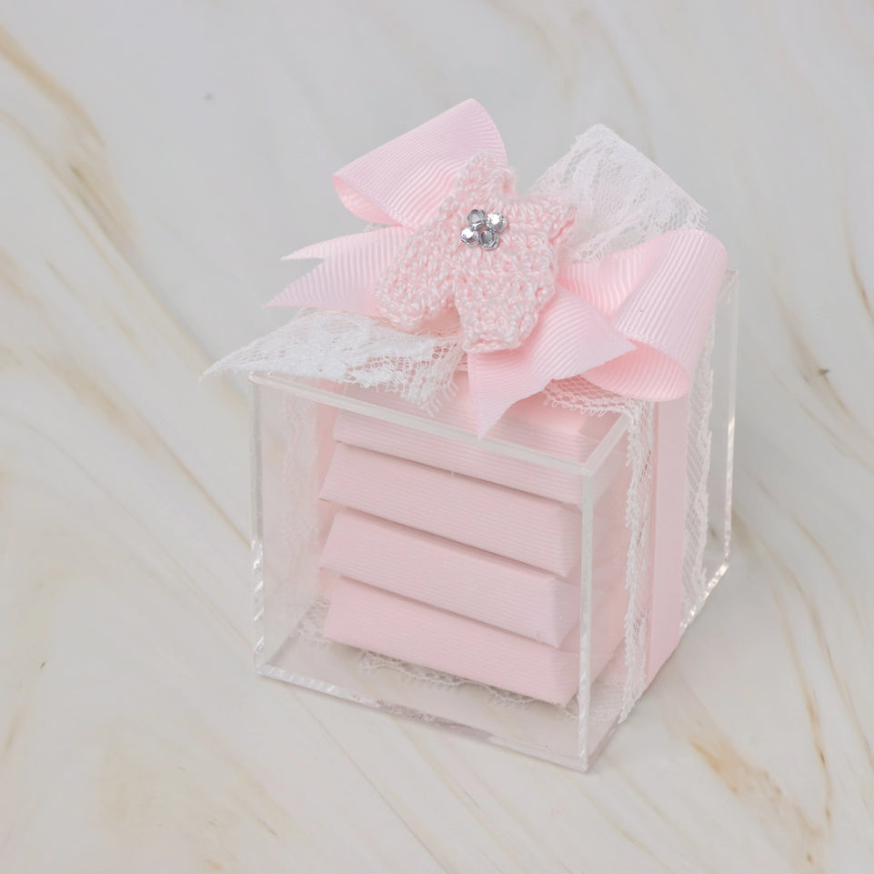 Set of 20 Baby decorated crochet bootie chocolate acrylic box