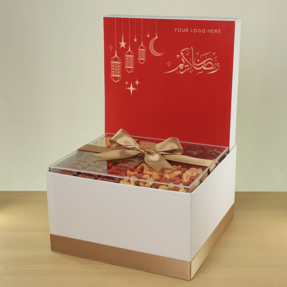 Corporate customized ramadan designed premium chocolate , dates & nuts extra large hamper