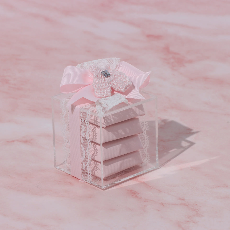 Set of 20 Baby decorated crochet bootie chocolate acrylic box