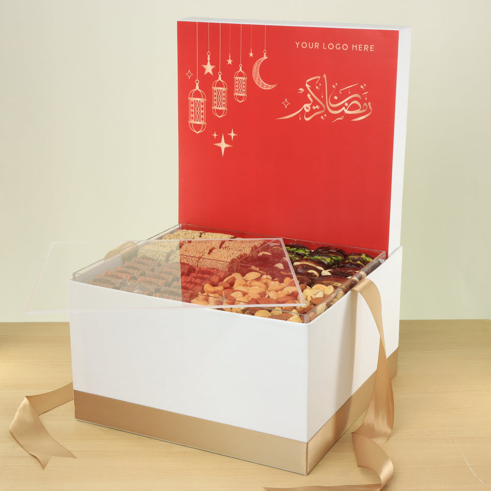 Corporate customized ramadan designed premium chocolate , dates & nuts extra large hamper