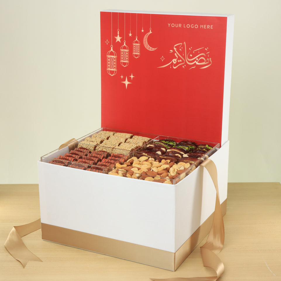 Corporate customized ramadan designed premium chocolate , dates & nuts extra large hamper
