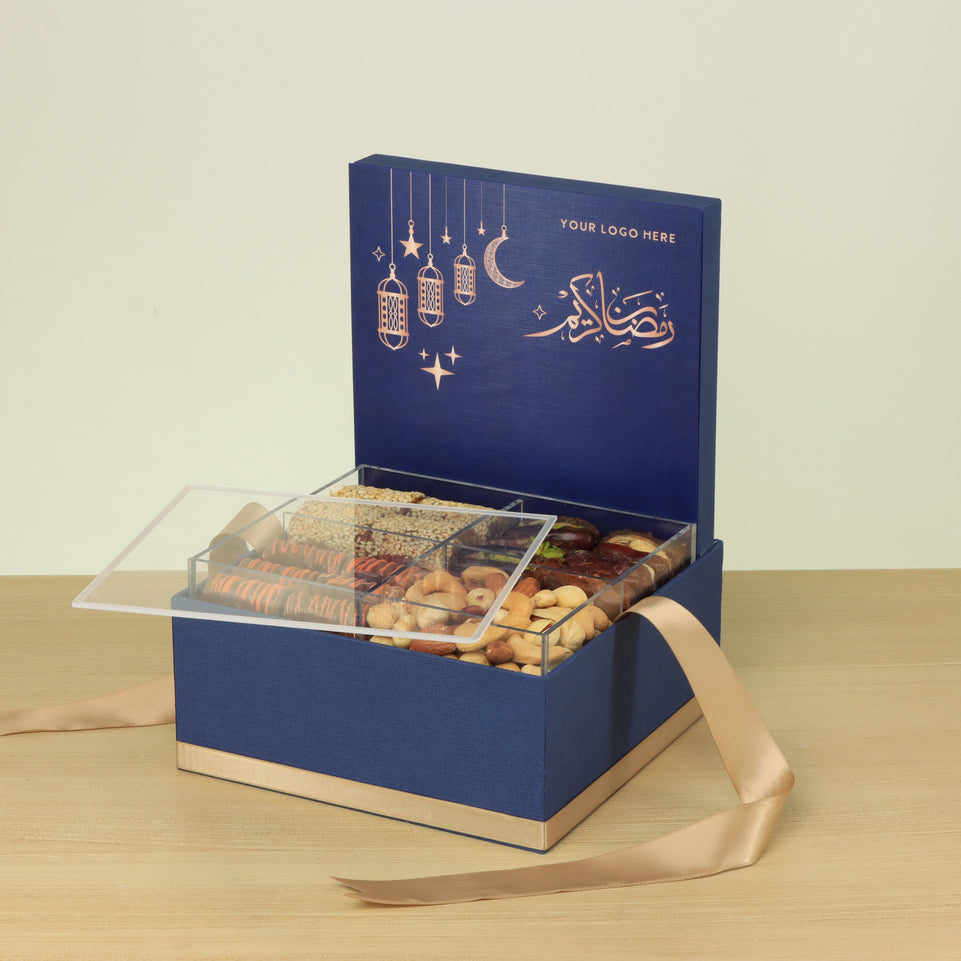 Corporate customized ramadan designed premium chocolate & dates, nuts medium hamper