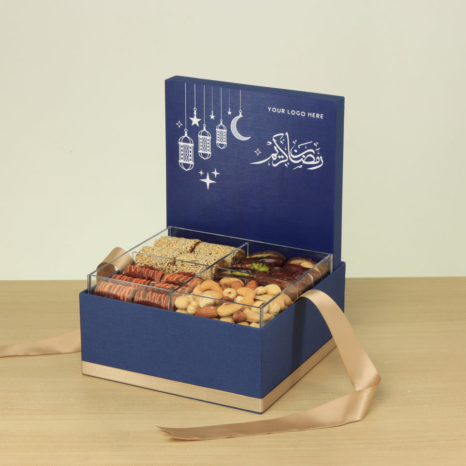 Corporate customized ramadan designed premium chocolate & dates, nuts medium hamper